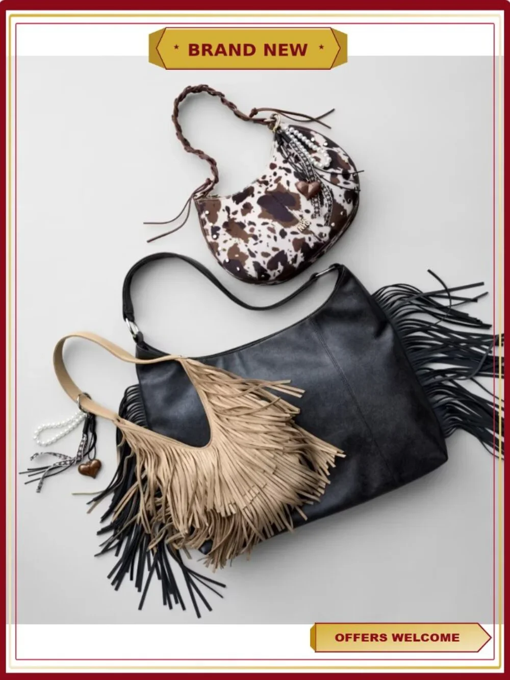 Fringe Hobo Bag with Shoulder Strap and Keychain Charm